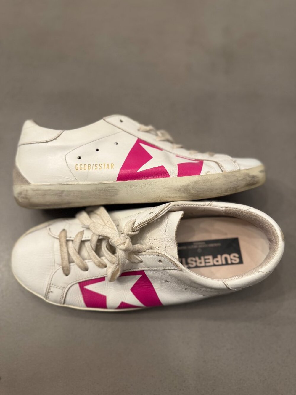 Golden Goose Super-Star White Leather Pink Star Sneakers, Size 8